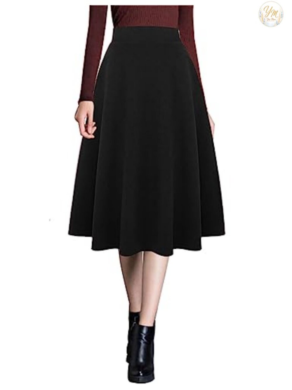Wool Blend Midi Skirt High Elastic Waist A Line Flared Pleated Winter